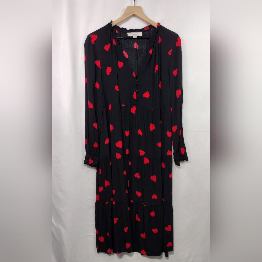 Loft Heart Tiered Button Midi Swing Dress Women's M Black Red Romantic Feminine